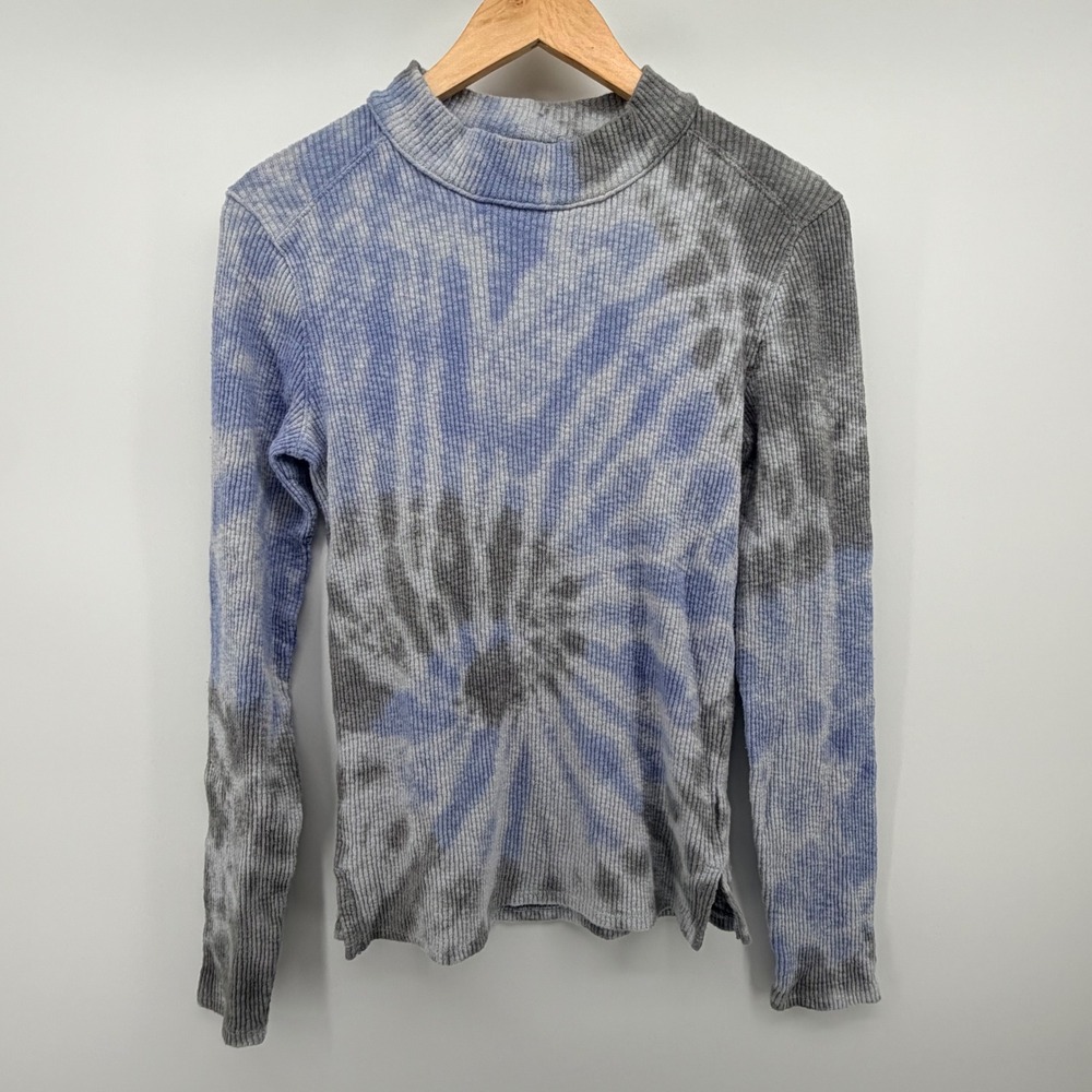 We The Free People Tie Dye Ribbed Mock Neck Top Womens Medium Blue Grey L/S